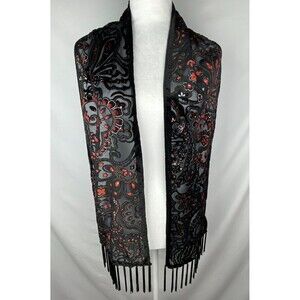 NWT Van Heusen Velvet Burnout Scarf Womens Black Red Floral Fringe Dressy‎